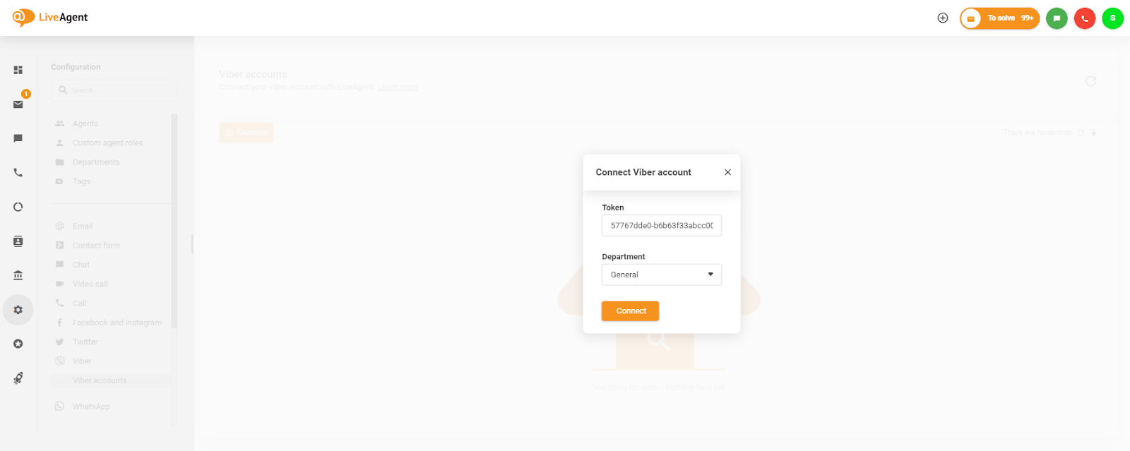 Viber アカウント接続ウィンドウにトークンを配置する