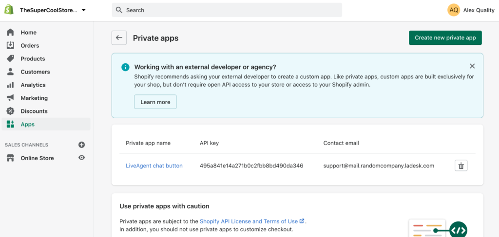 LiveAgentとの統合を作成するためにShopifyで新しいプライベートアプリを作成