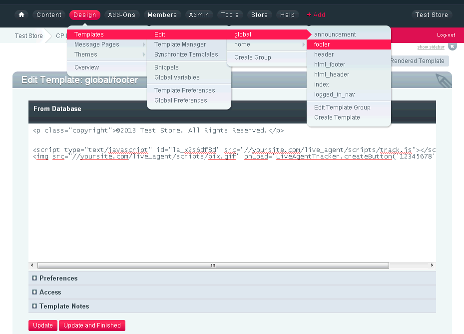 LiveAgentチャットボタンコードが記載されたExpressionEngineウェブサイトのコード