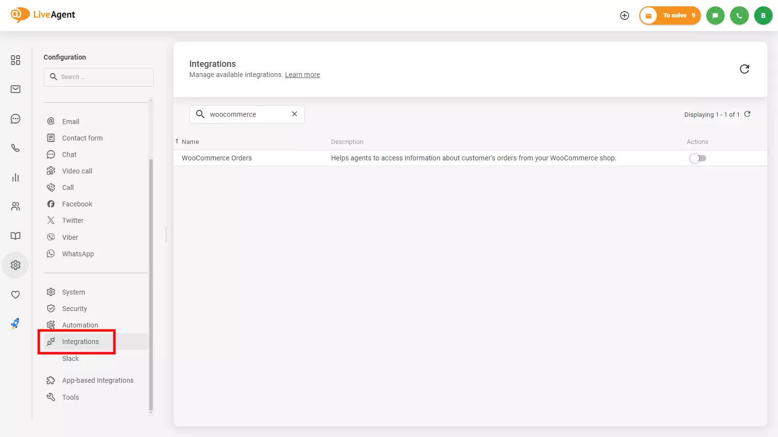 LiveAgentでWoocommerce統合を見つける場所を示す画像