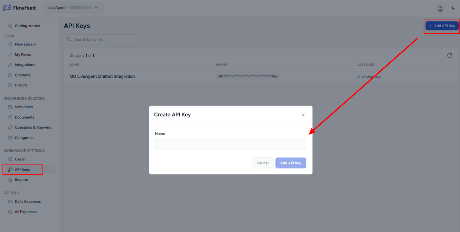 FlowHuntワークスペースとLiveAgentの統合用APIキーの作成