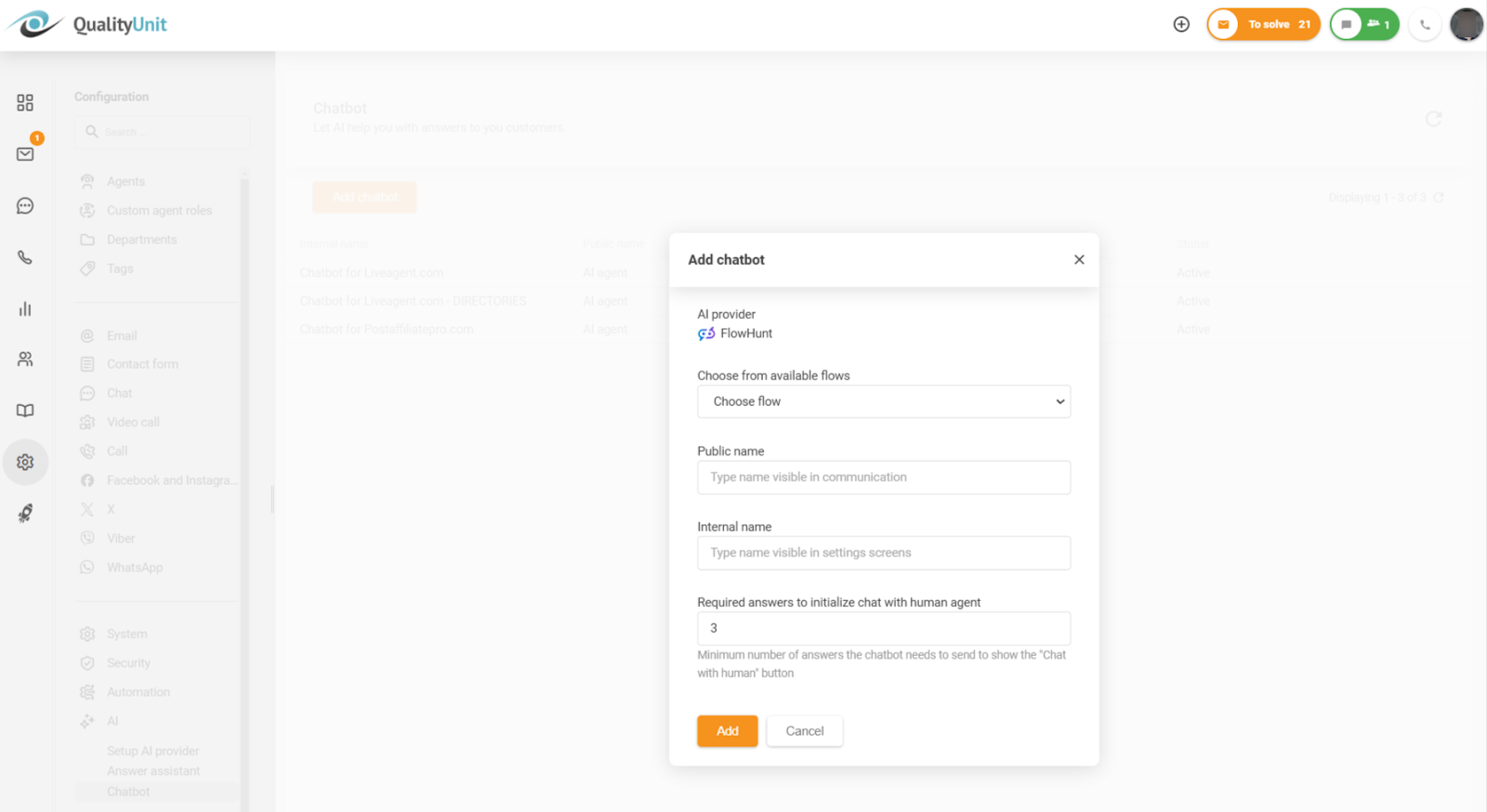 人間のエージェントとのチャットオプションを有効にする前に必要な最小回答数の設定