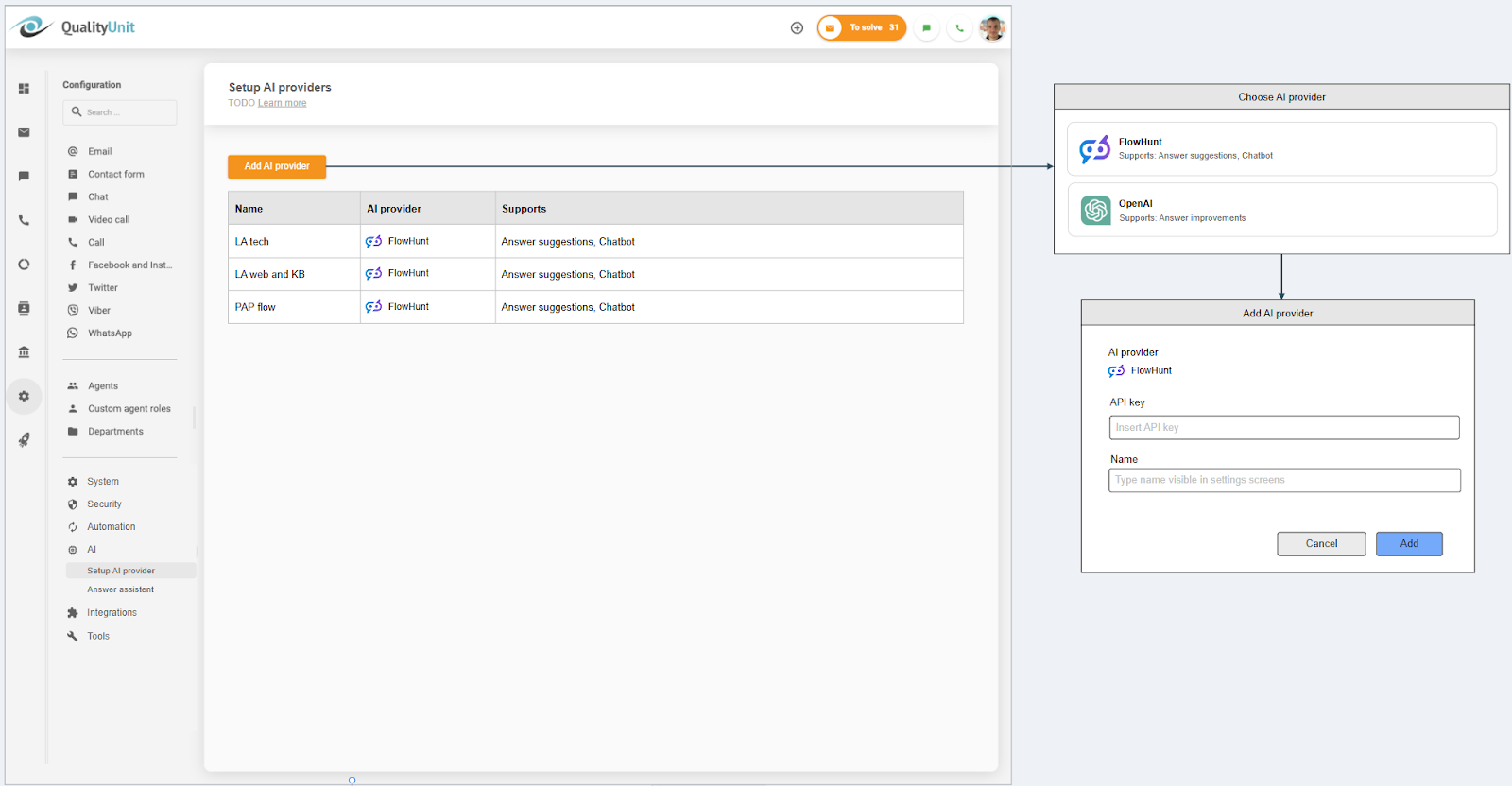 LiveAgent AIプロバイダーの接続
