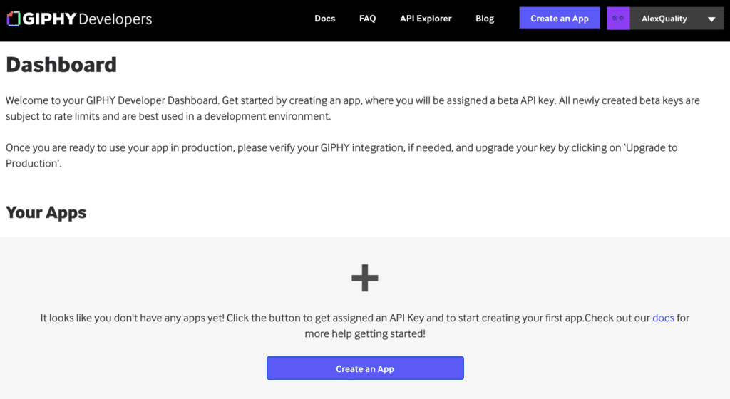 APIキーを生成するアプリ作成オプション付きGiphyダッシュボード