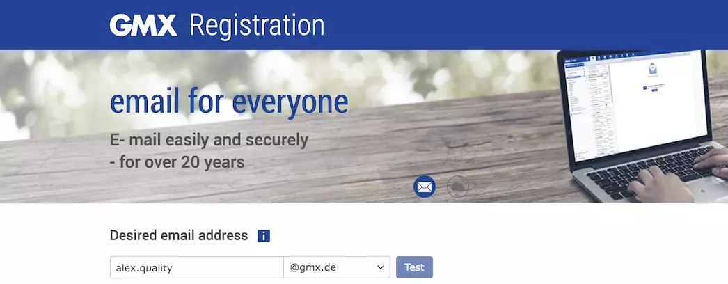 情報フィールドを備えたGMX登録ページ