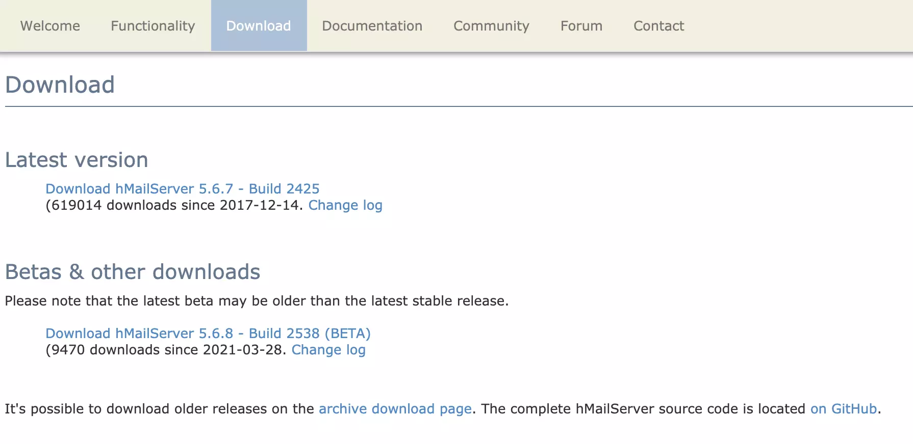 HMailServerダウンロードページ