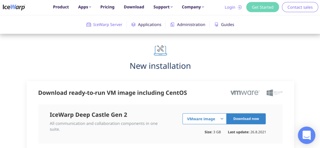 インストールセクションとダウンロードリンク付きのIceWarpウェブサイト