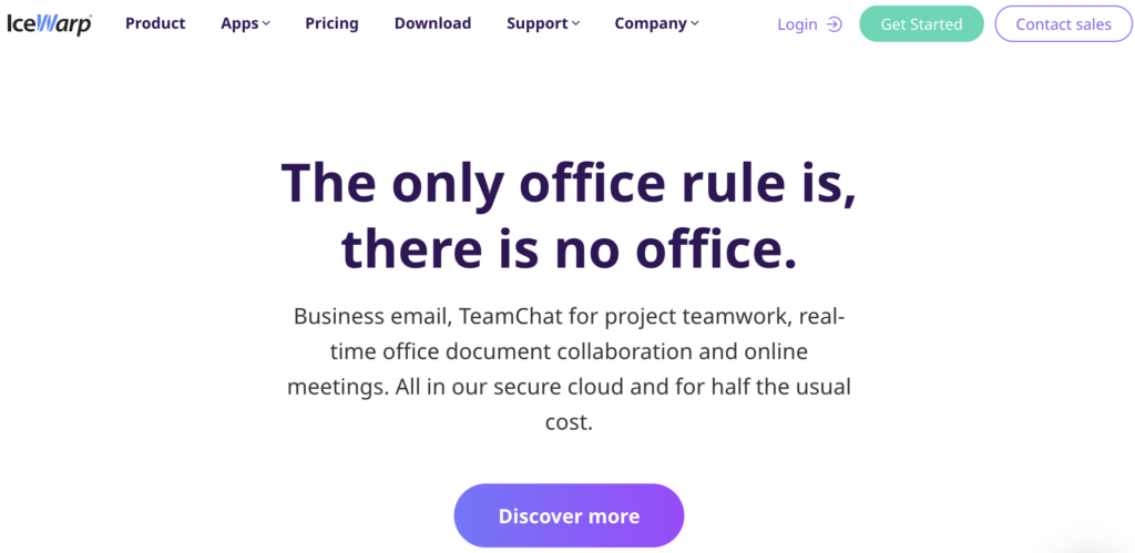 スローガンとサブページオプション付きのIceWarpホームページ