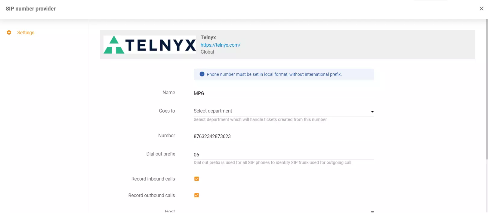 Telnyx認証情報を入力