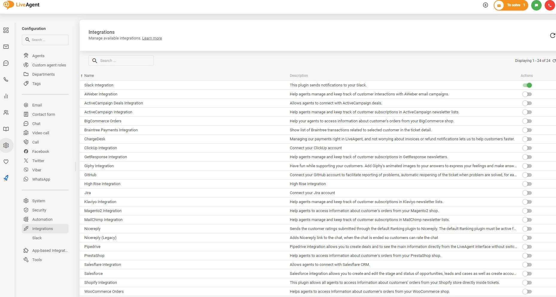 LiveAgentで統合をアクティベート