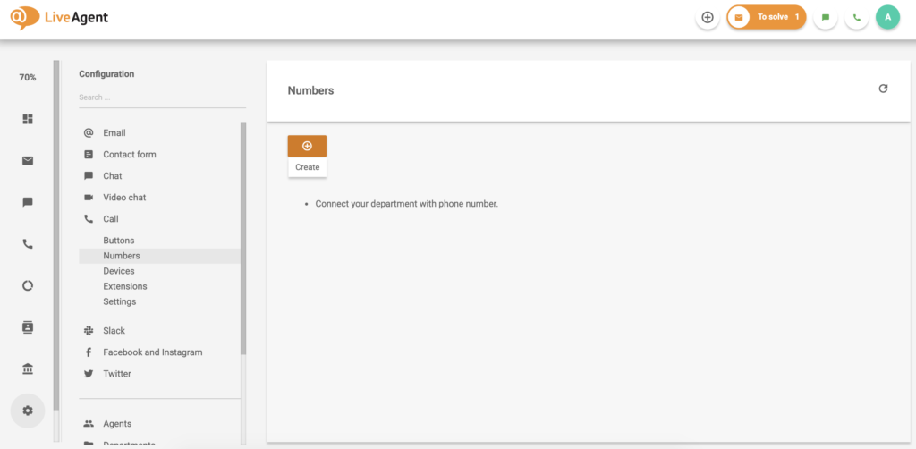 新しい番号を作成するオプション付きのLiveAgent通話番号画面