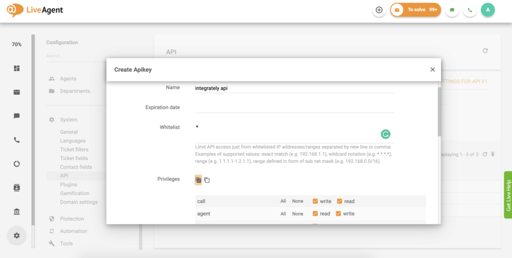 LiveAgentのAPIキー設定
