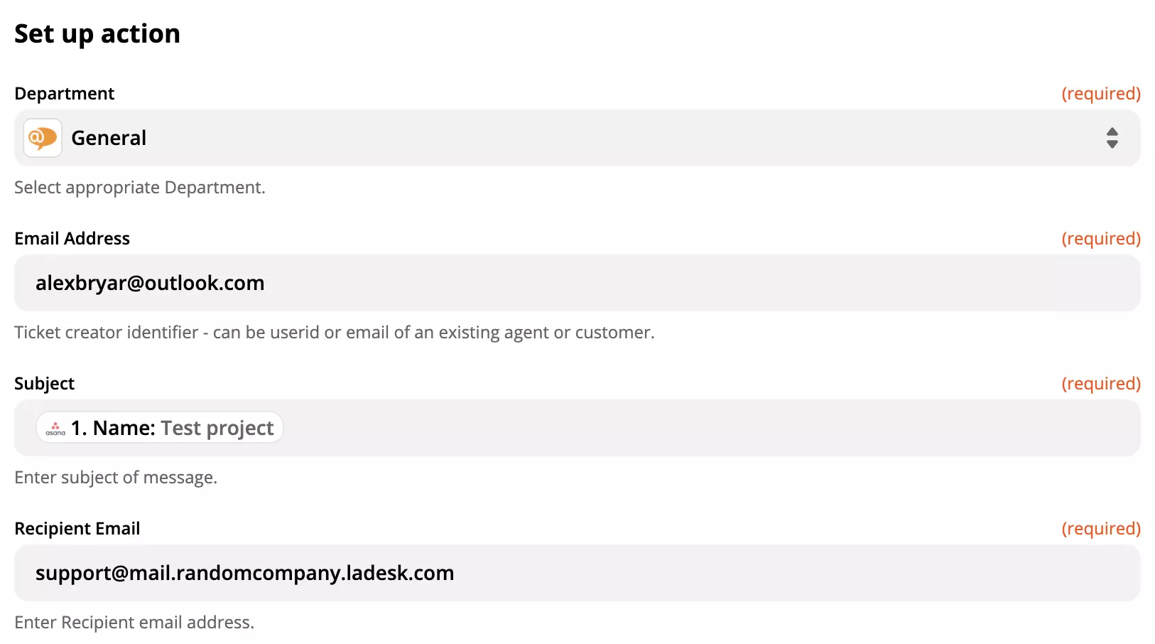 Zapier上でのAsana連携におけるLiveAgentアクション設定