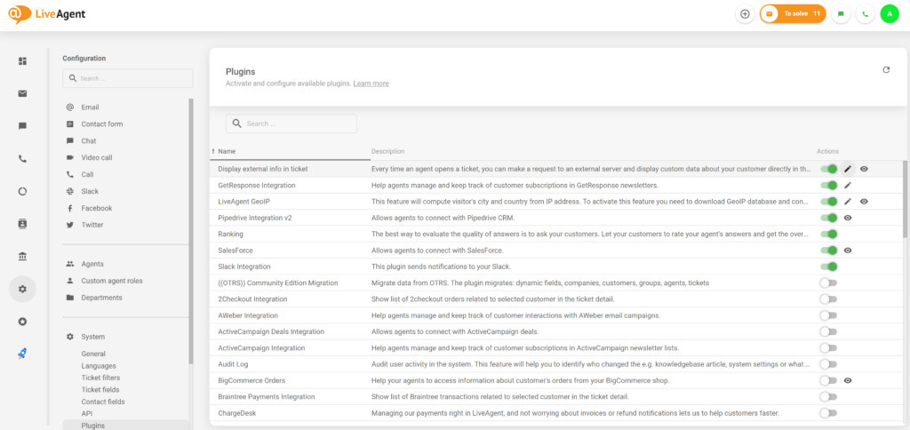 LiveAgent設定でアクティブな外部情報プラグイン