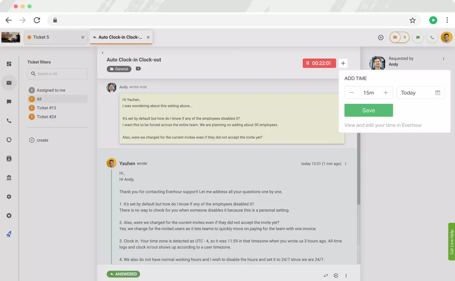 LiveAgentのEverhourコントロール