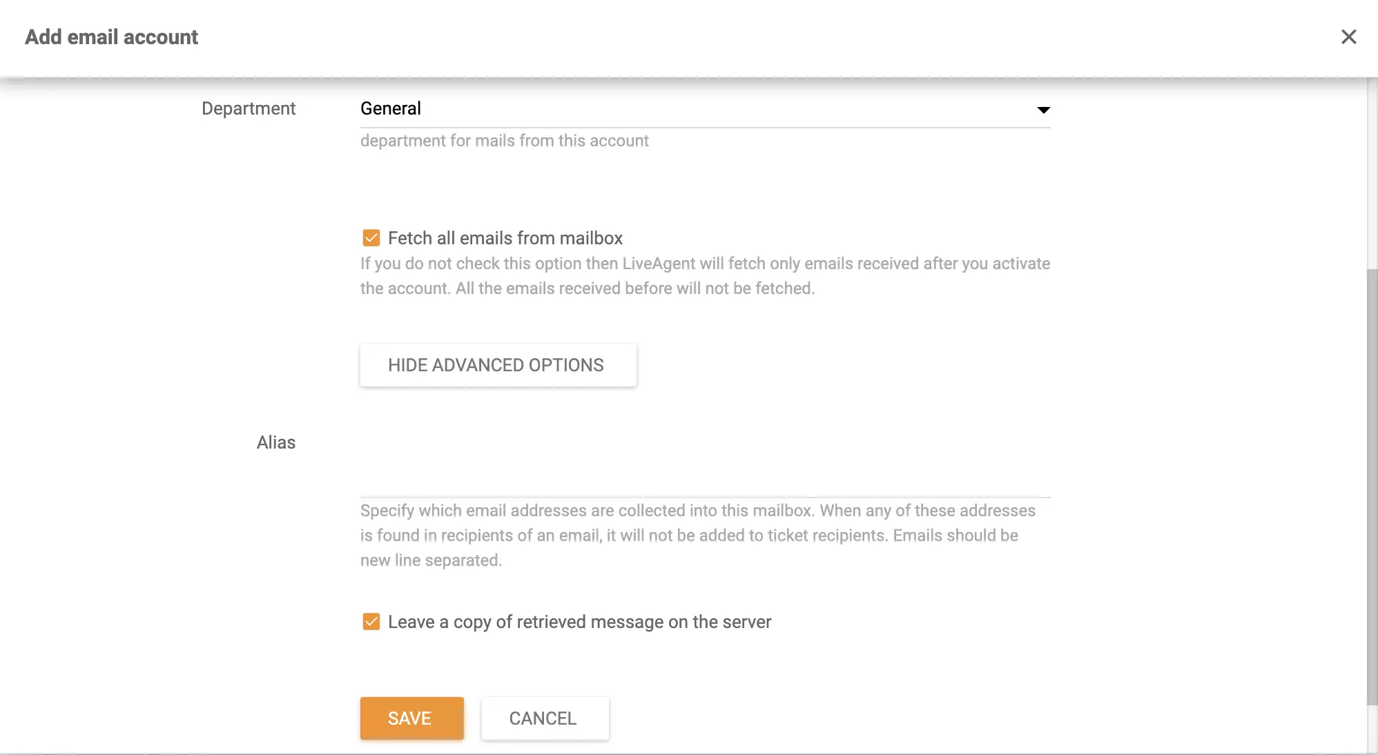 LiveAgentでメールアカウントを追加