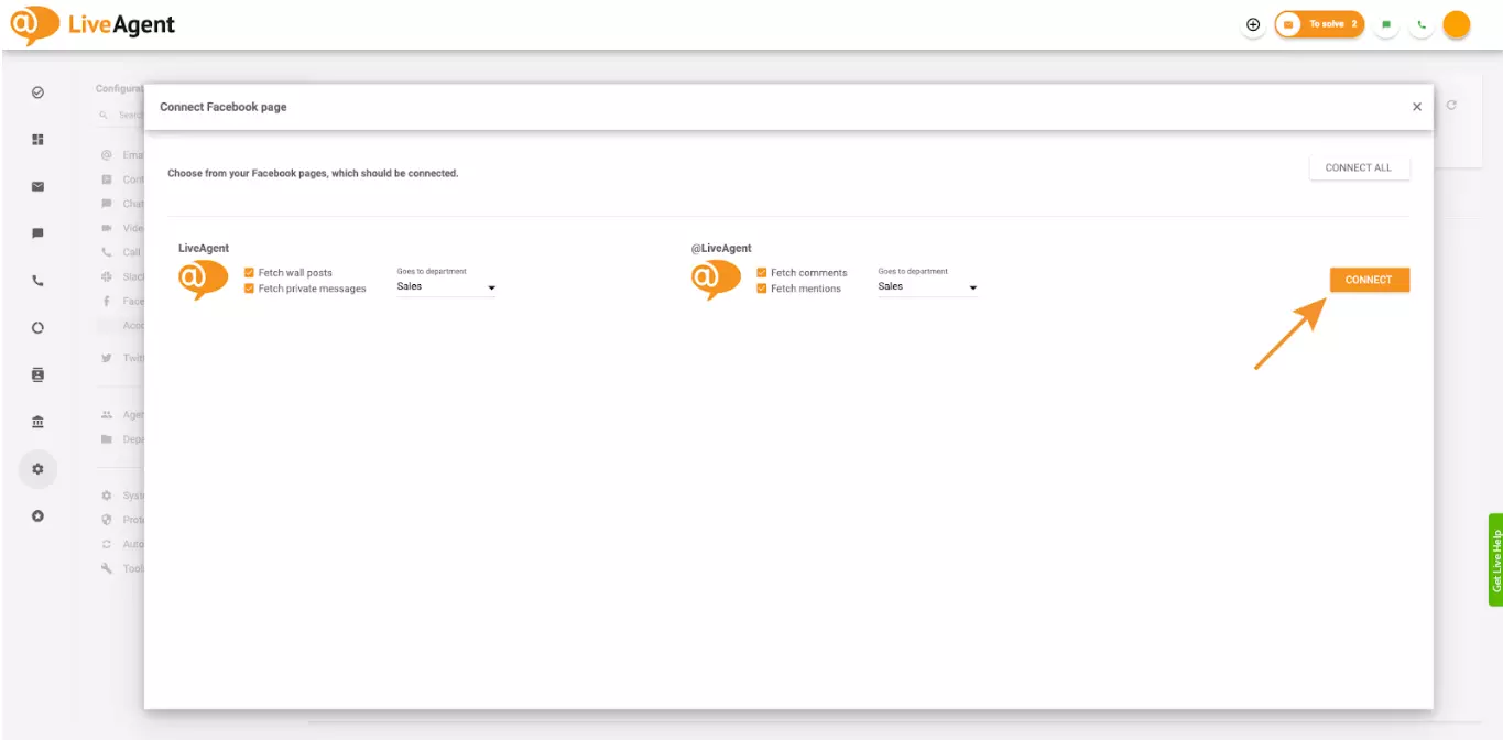 LiveAgentがコメントとメンションを取得できるようにする設定のチェックボックス