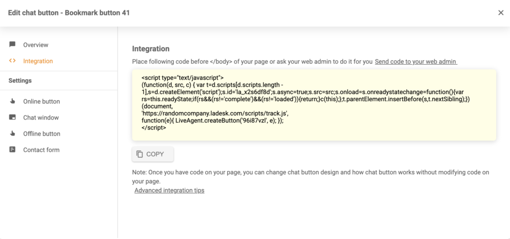 LiveAgentで生成されたチャットボタン統合コード