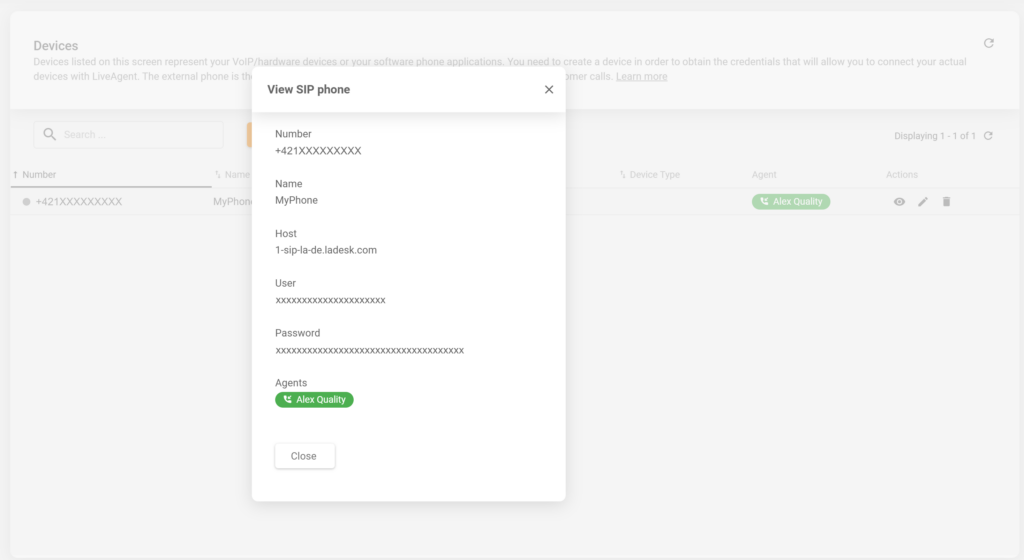 LiveAgent設定で新しく作成されたSIP電話の詳細