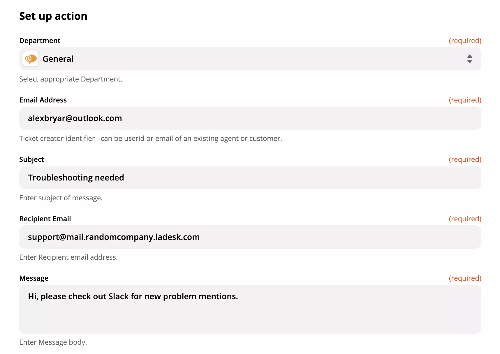 入力されたLiveAgentアクション設定