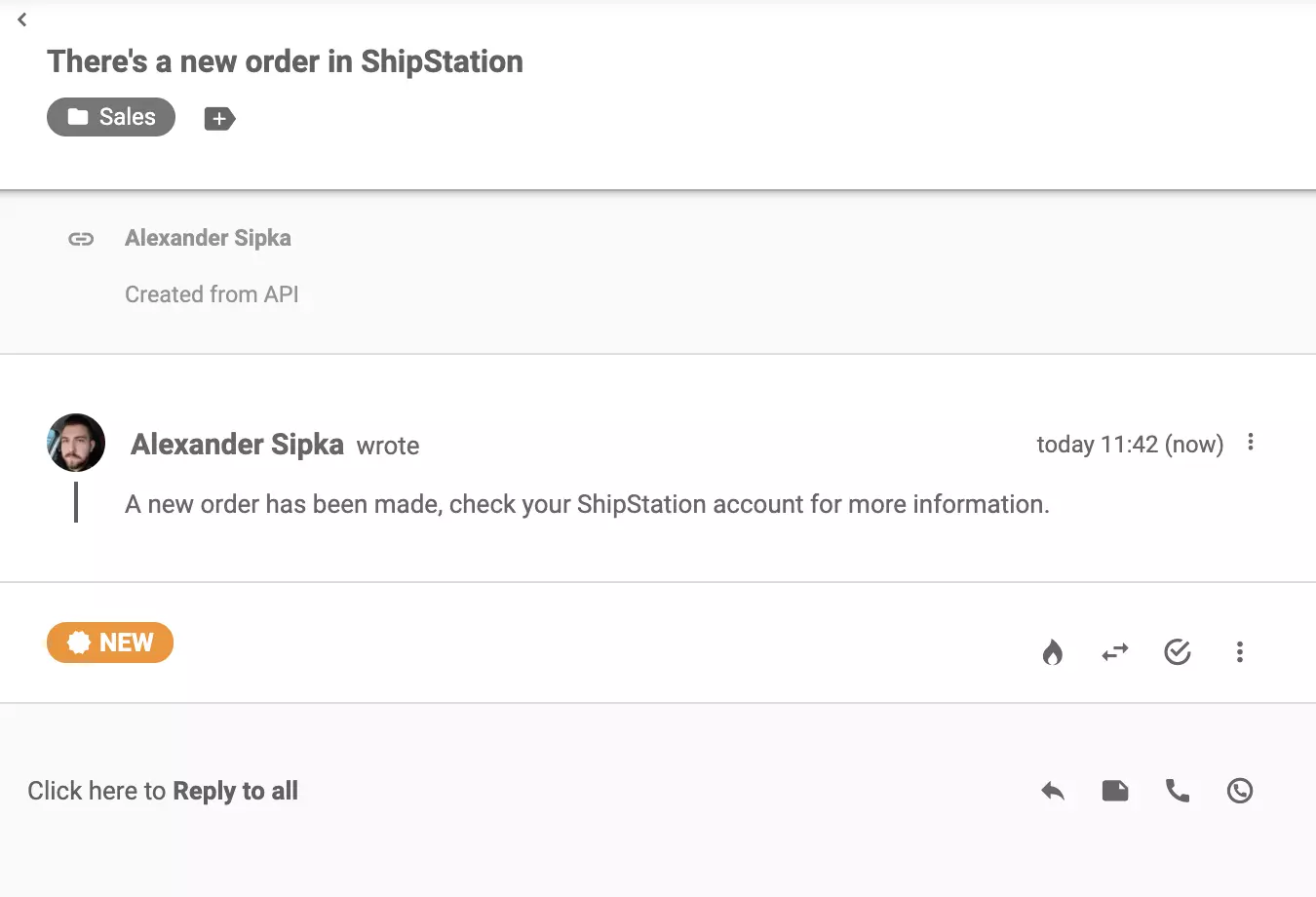 新しい注文が行われた後に送信されたShipStationメッセージ
