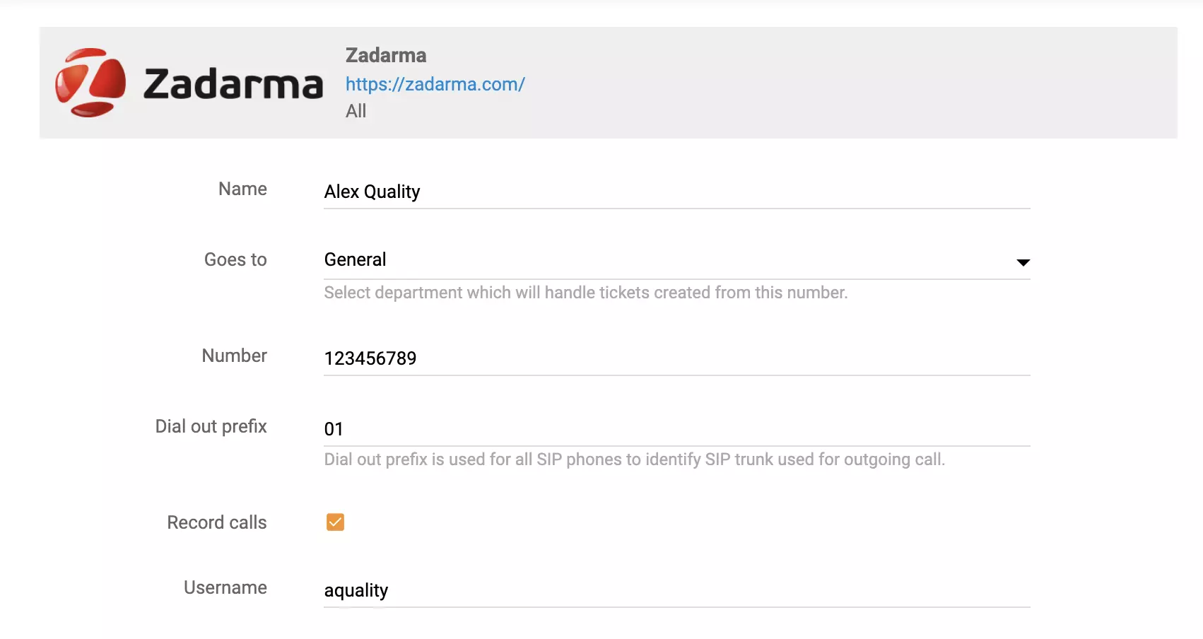 LiveAgentでのZadarma通話設定オプション