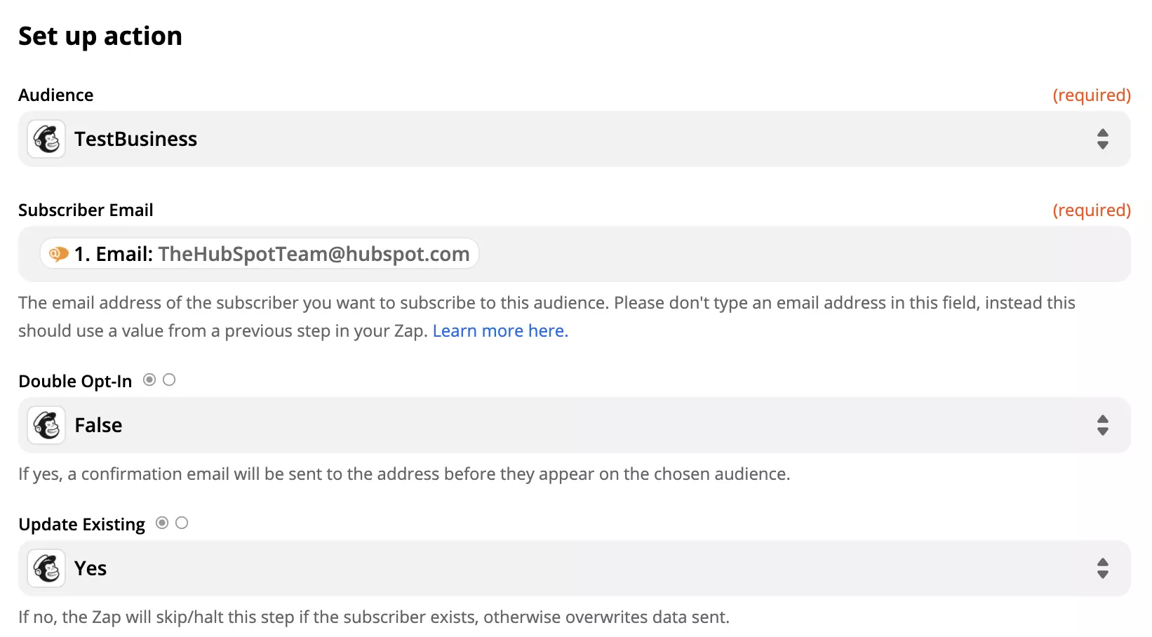 Mailchimpアクション設定