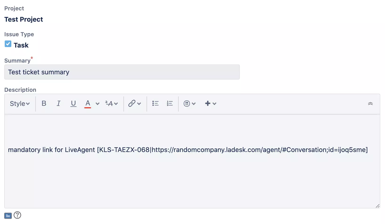 新しい問題の作成と説明を含む新しいJiraウィンドウ