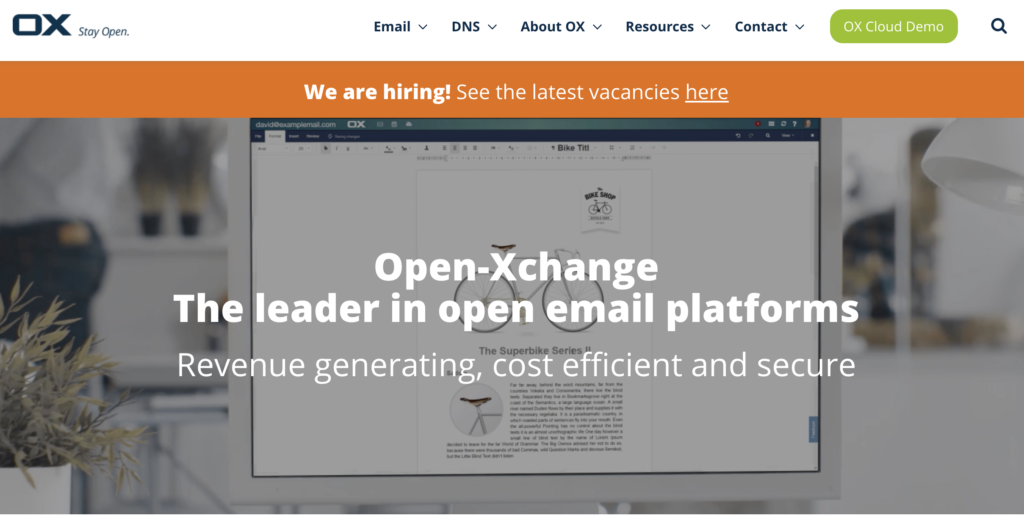 Open-Xchange homepage with benefits