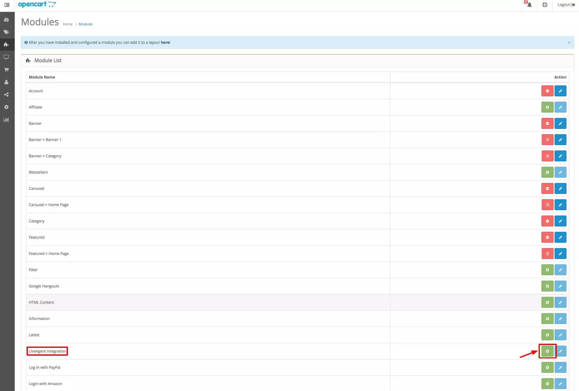 OpenCart LiveAgent統合 - モジュールセクション