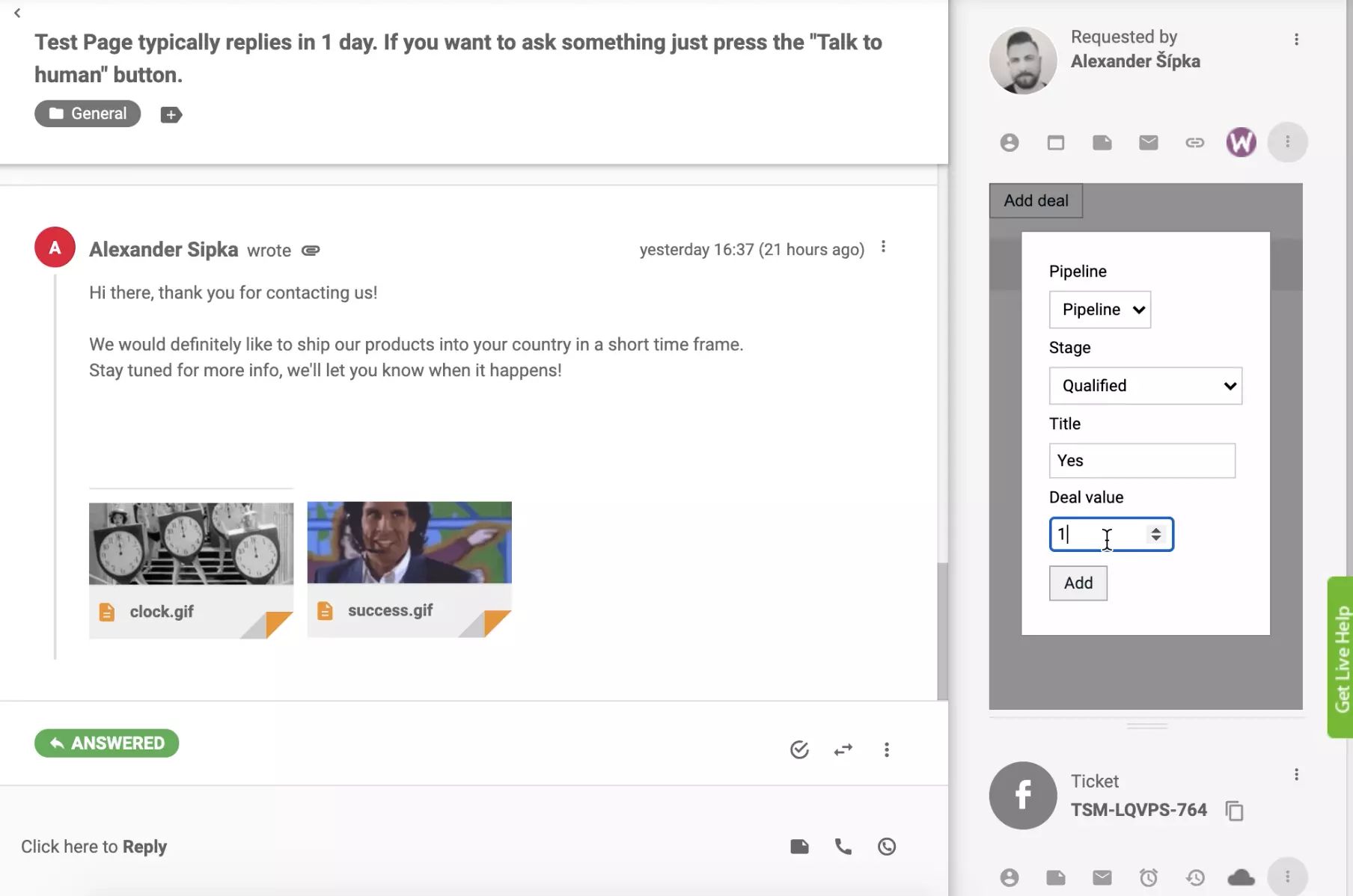 LiveAgentチケットビューのPipeDrive CRM統合で取引を追加