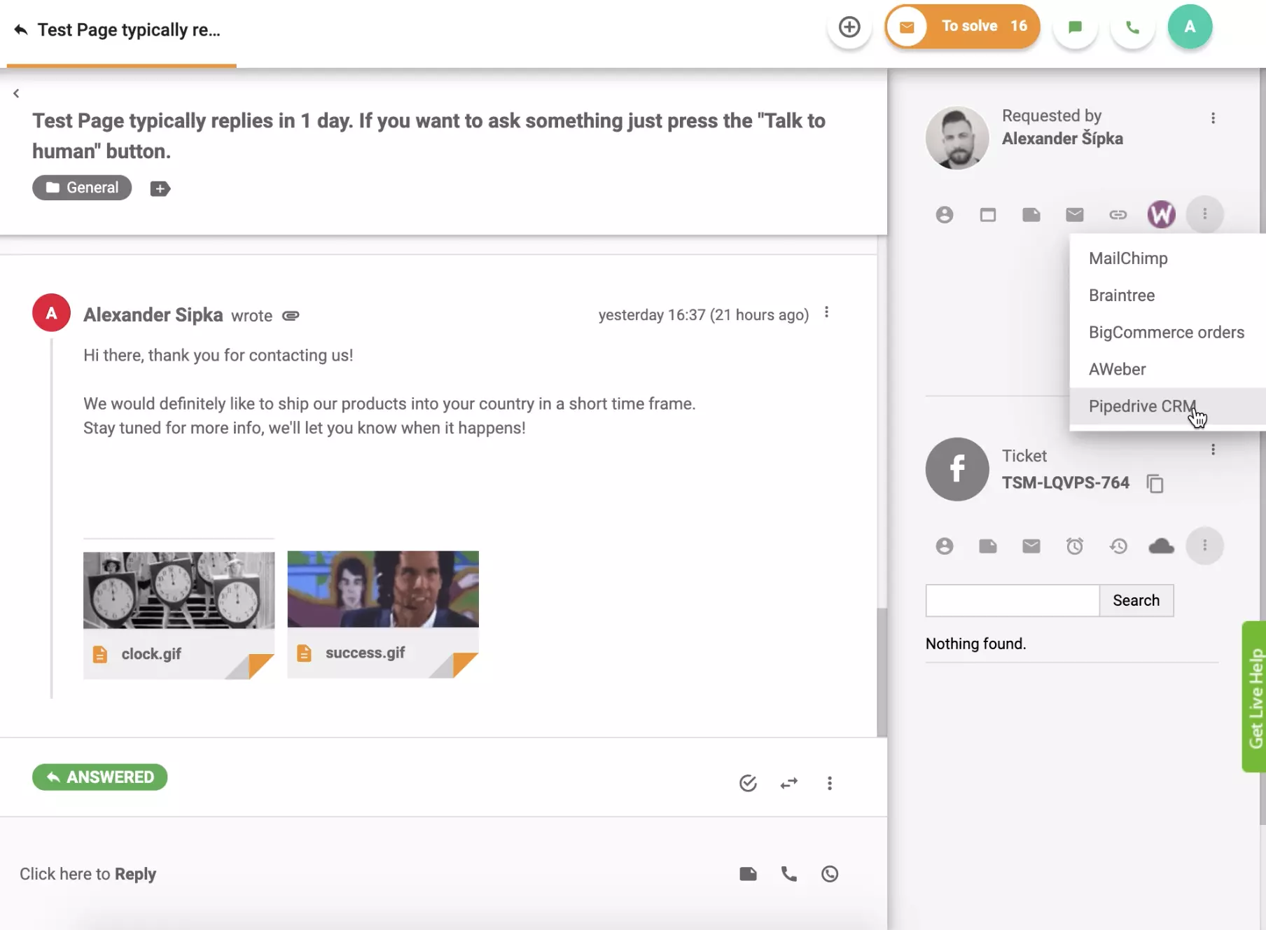 PipeDrive CRMはLiveAgentチケットビューでアクティブ