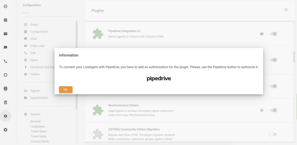 PipeDriveロゴをクリックしてLiveAgentのPipeDrive統合を続行