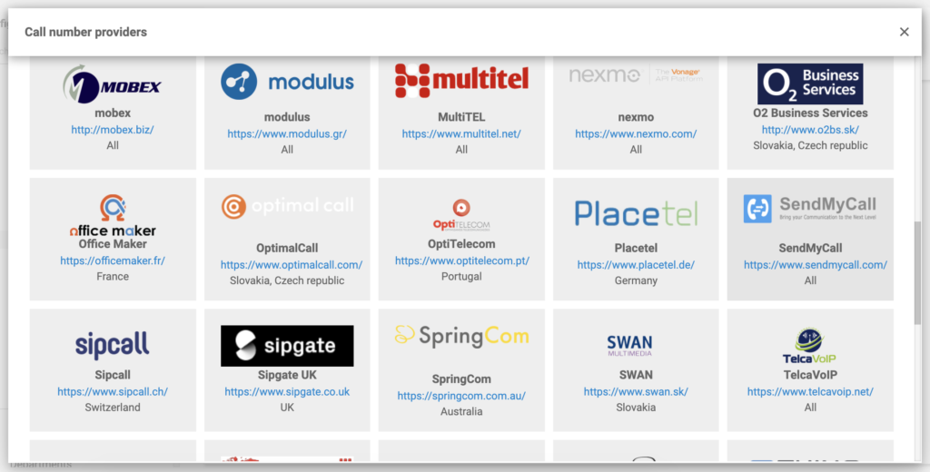 LiveAgent設定のVoIPプロバイダーリストのSendMyCall