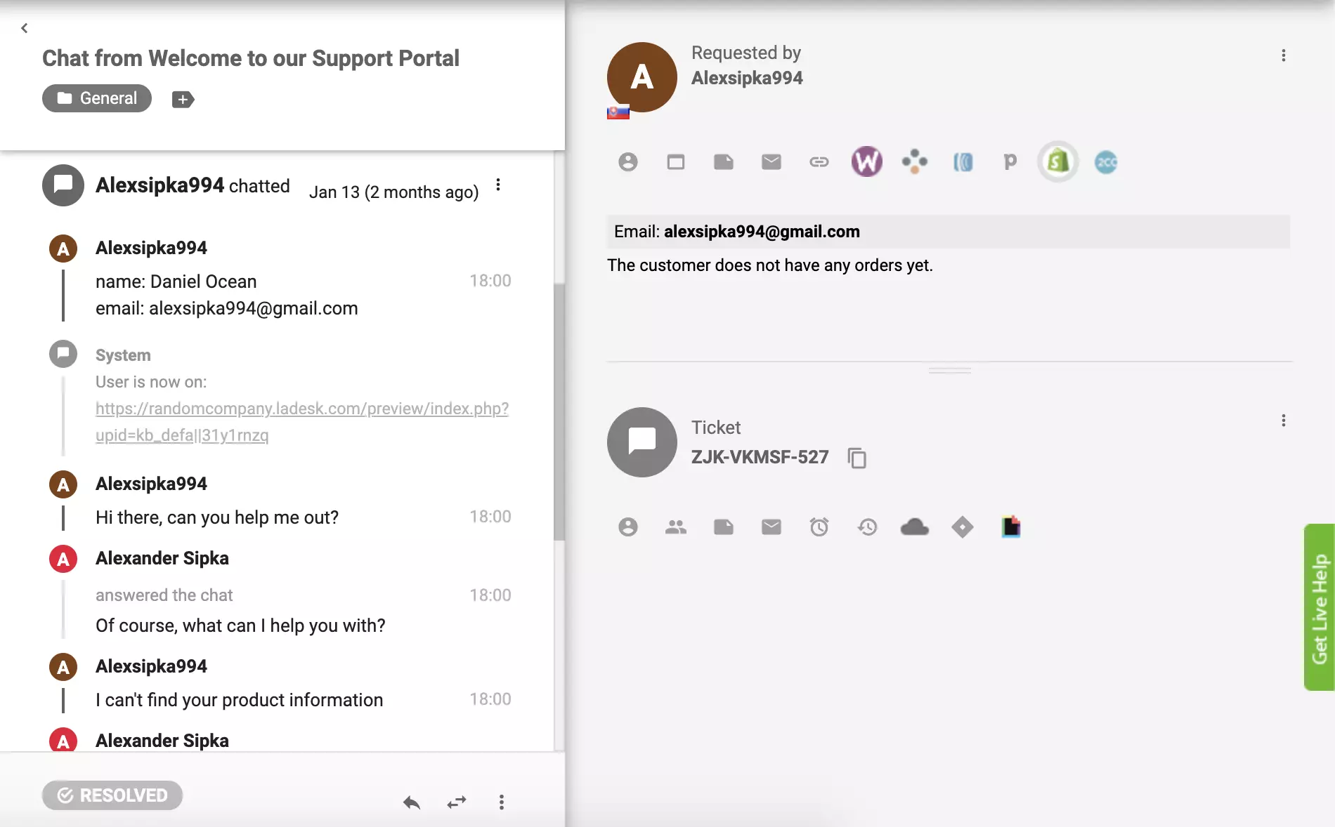 ShopifyプラグインはLiveAgentでアクティブであり、顧客注文はチケットビューから表示できます