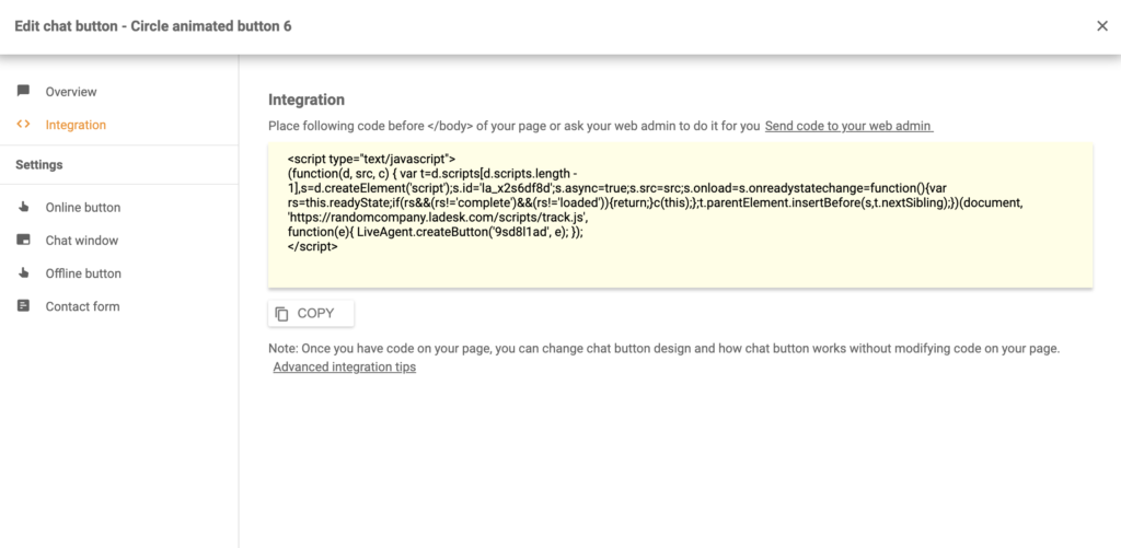 LiveAgentのSilverstipeチャットボタン統合コード
