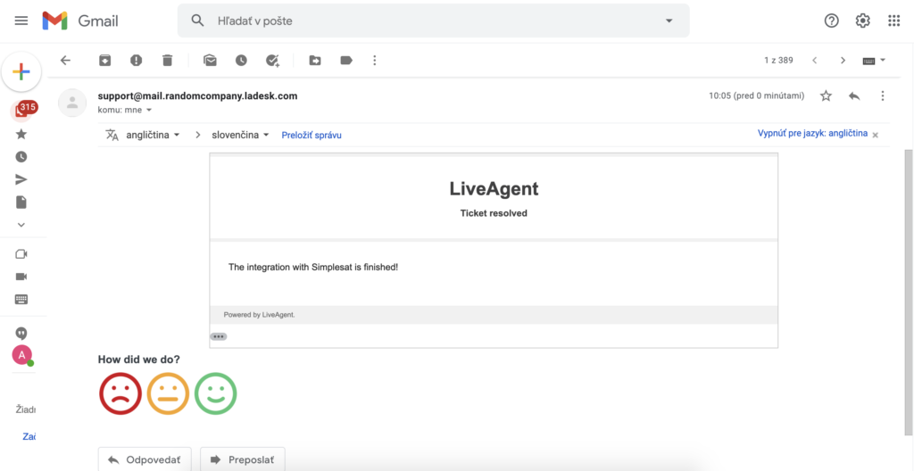 Gmailの受信トレイのSimplesa​​tフィードバック付きLiveAgentメッセージ