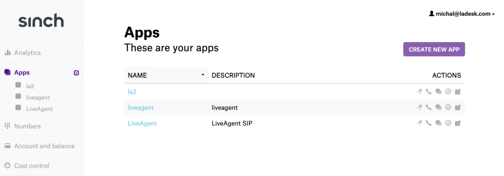 新しいアプリを作成するオプション付きのSinch設定