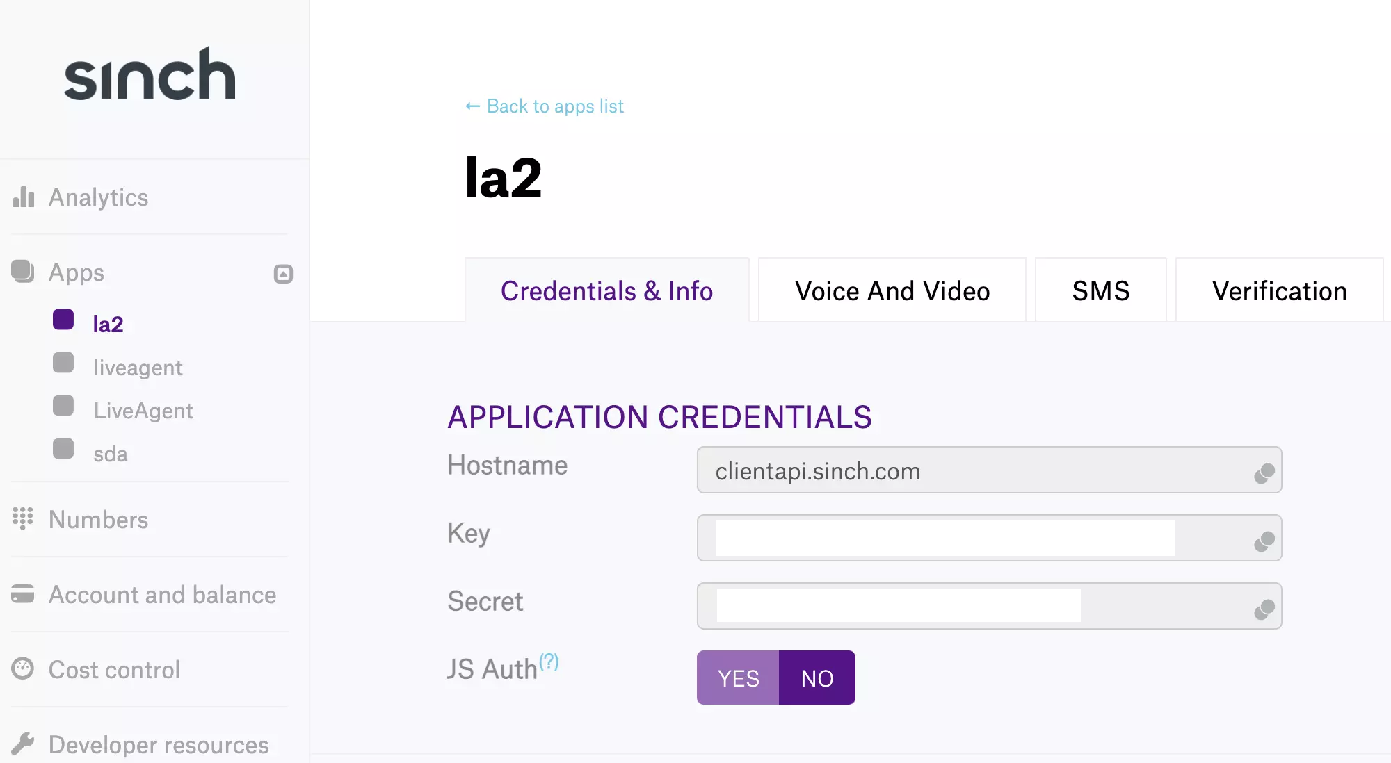 2番目のアプリのSinchアプリキーとシークレット