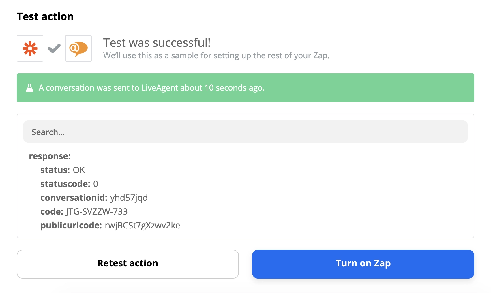 Zapier上のLiveAgentとSlack統合の成功したテスト