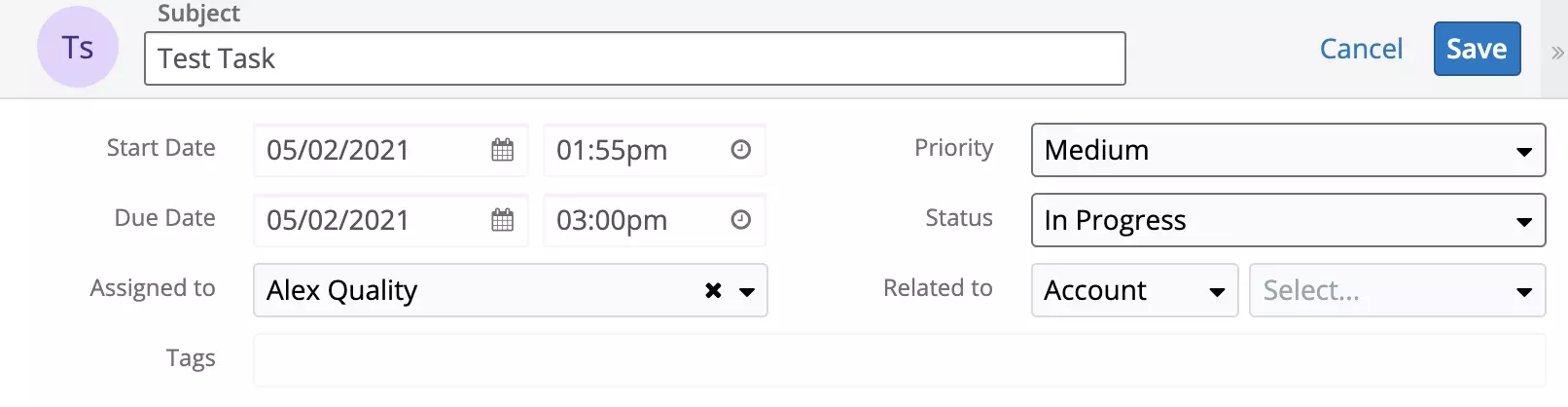 SugarCRMで新しいタスクが作成されました