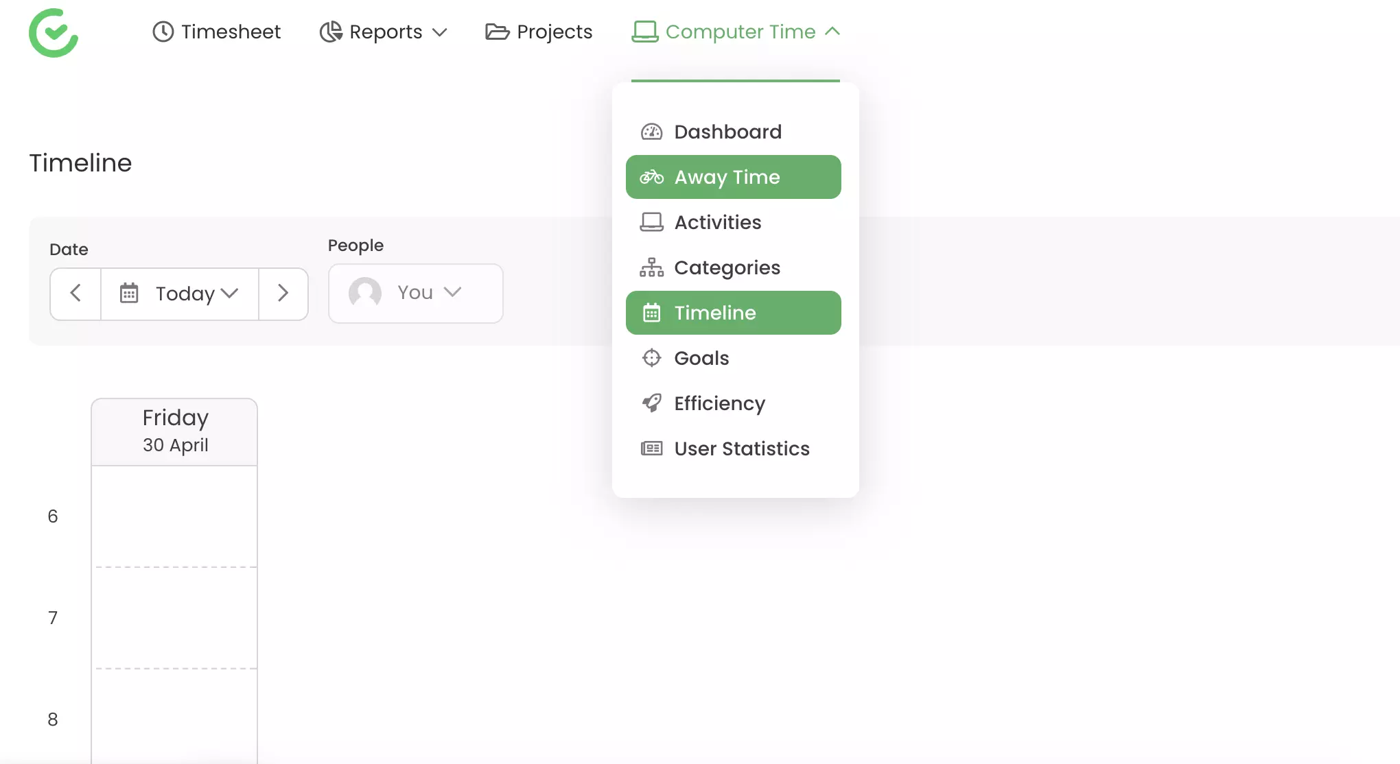 TimeCampで表示される離席時間とタイムラインなどの追跡機能