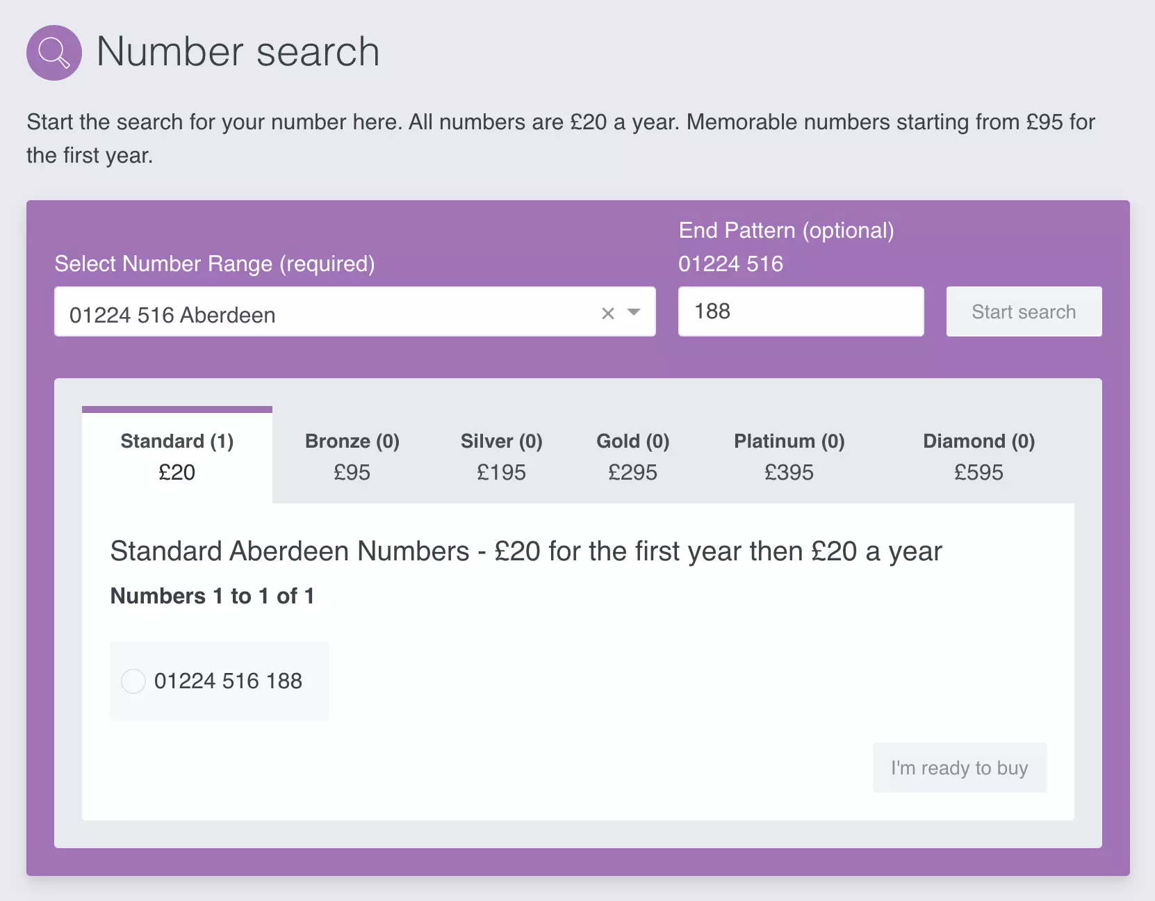 TTNC number selection screen with area codes and other options