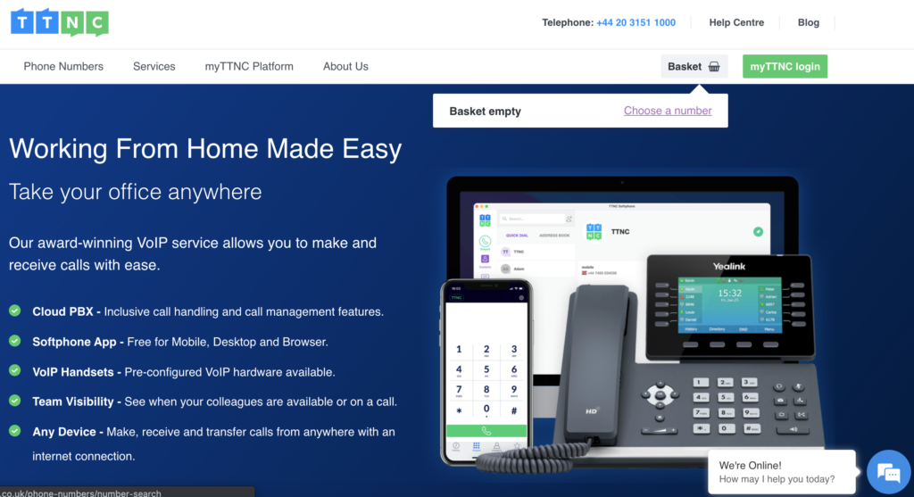 TTNC website with basket and choose a number option in the top right
