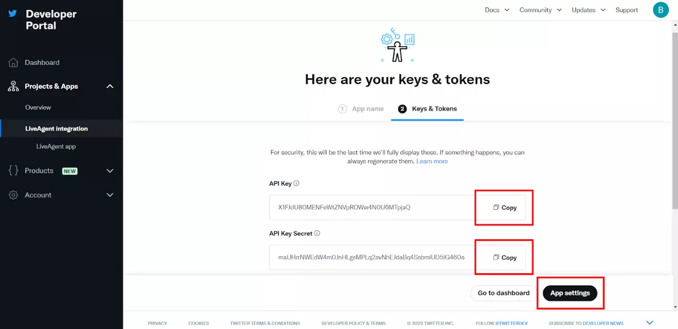 Image shows where to find and copy API Key and API Key Secret on Twitter (X) developer portal