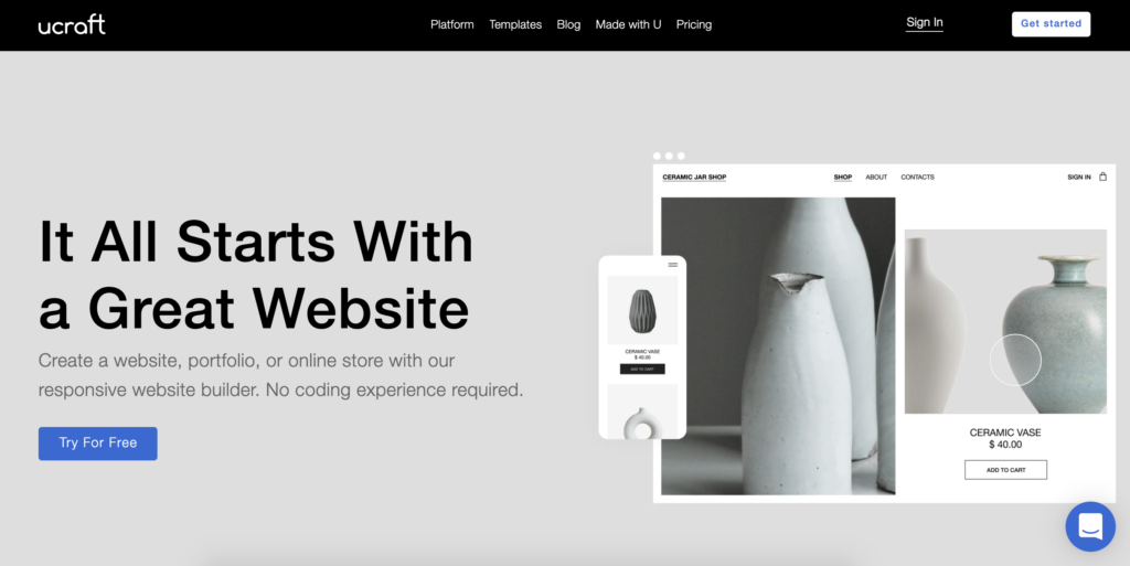 右上に「開始」ボタンがあるUcraftホームページ