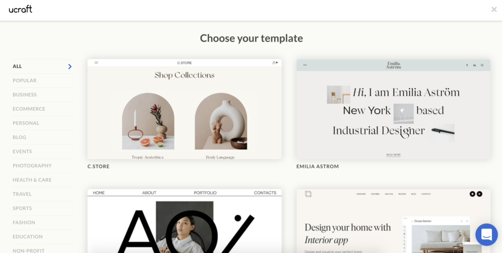 複数のテンプレートオプションを備えたUcraftテンプレート選択画面