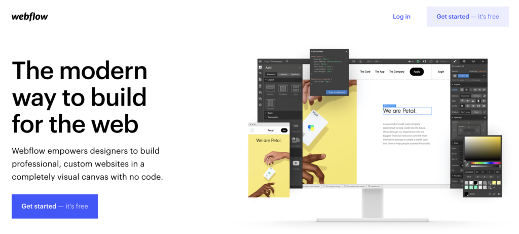右上にトライアルオプションがあるWebflowホームページ