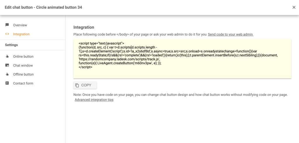 LiveAgentで正常に設定された後のチャットボタンコード