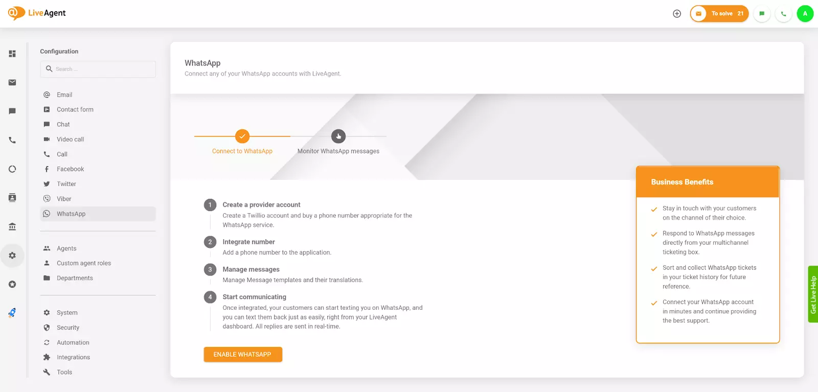 LiveAgentのWhatsApp統合